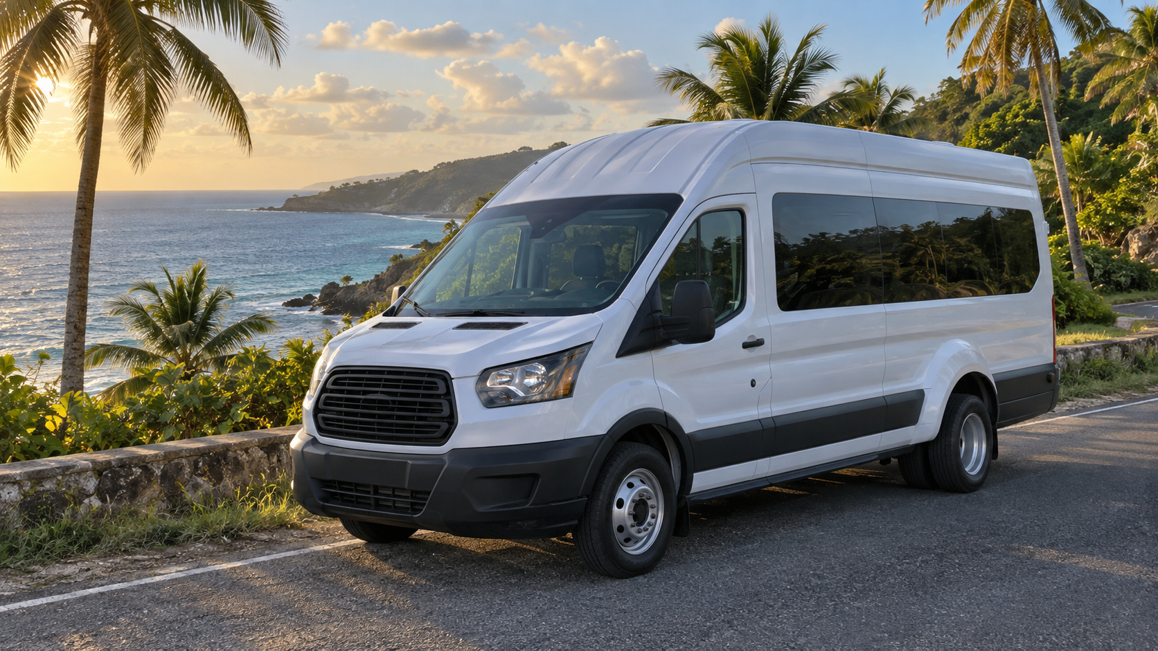 Representative white Transit 350 HD high-roof van on a tropical coastal road