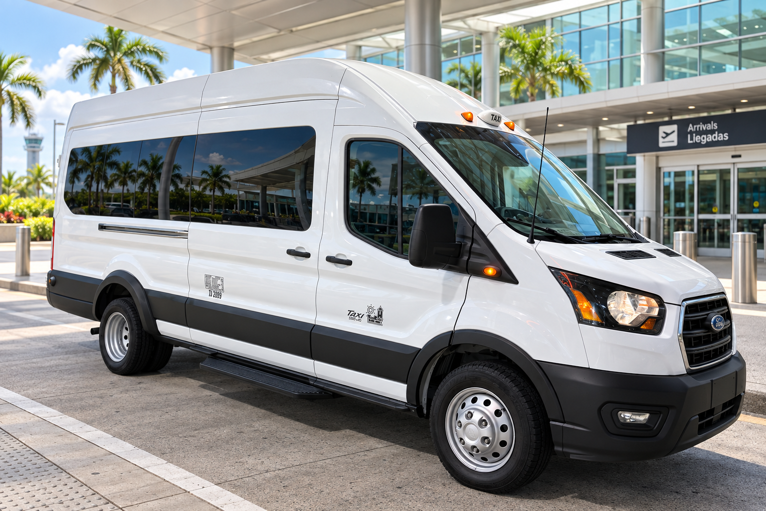 Our white Ford Transit passenger van shown in an edited airport arrivals setting